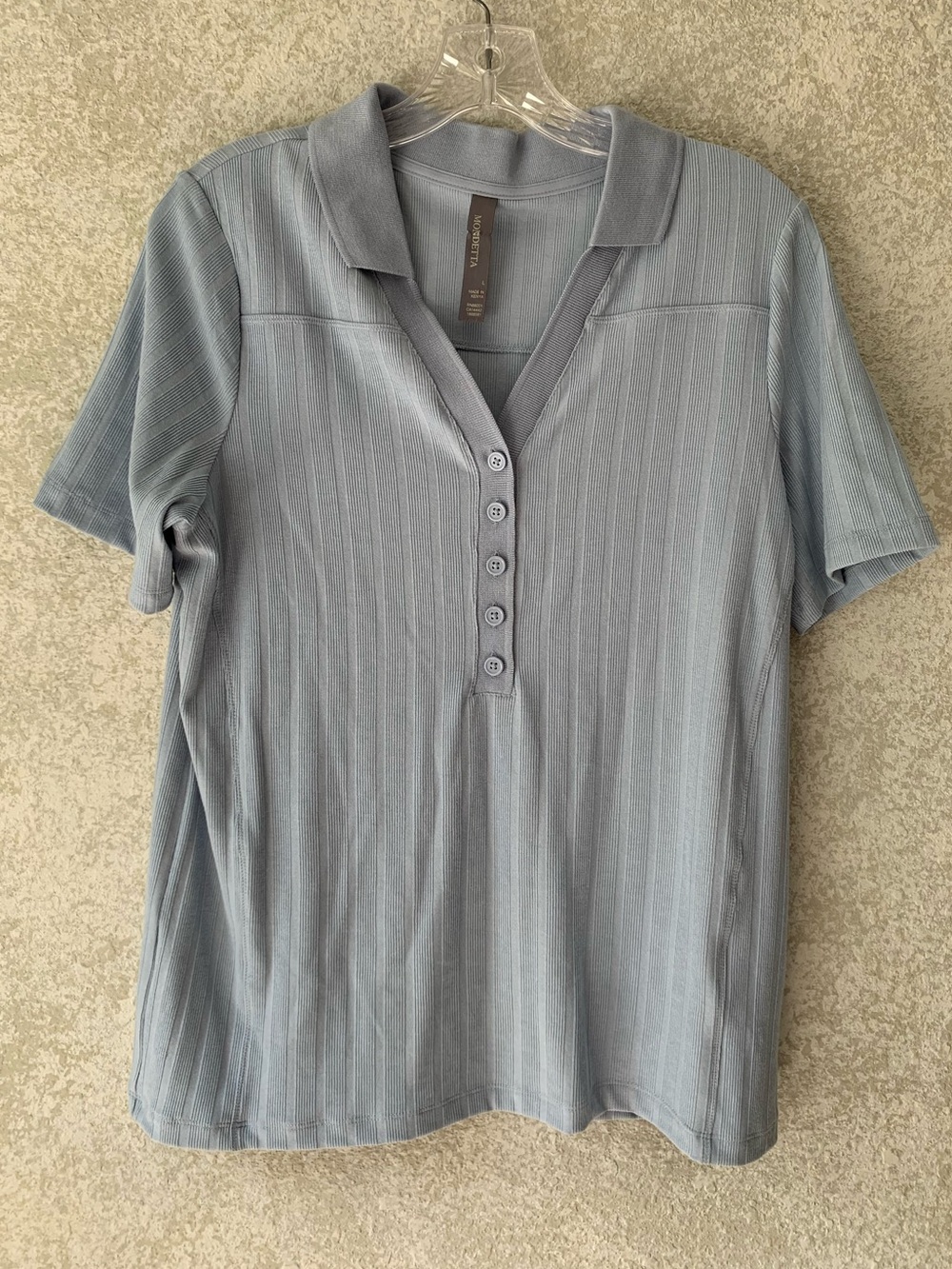 Mondetta Women Blue Ribbed Knit Short Sleeve Henley Polo Shirt Size Large